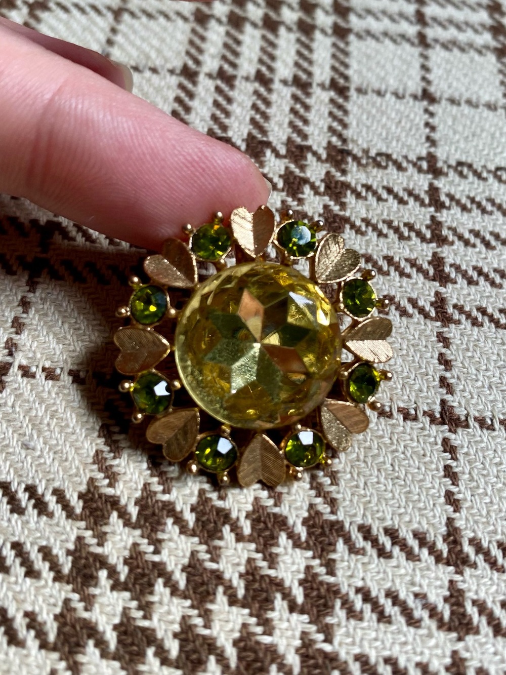 Avon Gold-Tone Yellow & Olive Crystal Floral Brooch